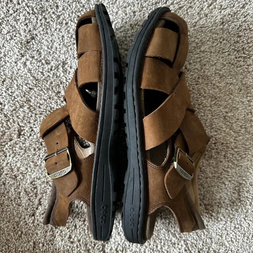 Abeo Brandon Neutral Leather Fisherman Sandals Leather Brown Mens 10 Bio Systems